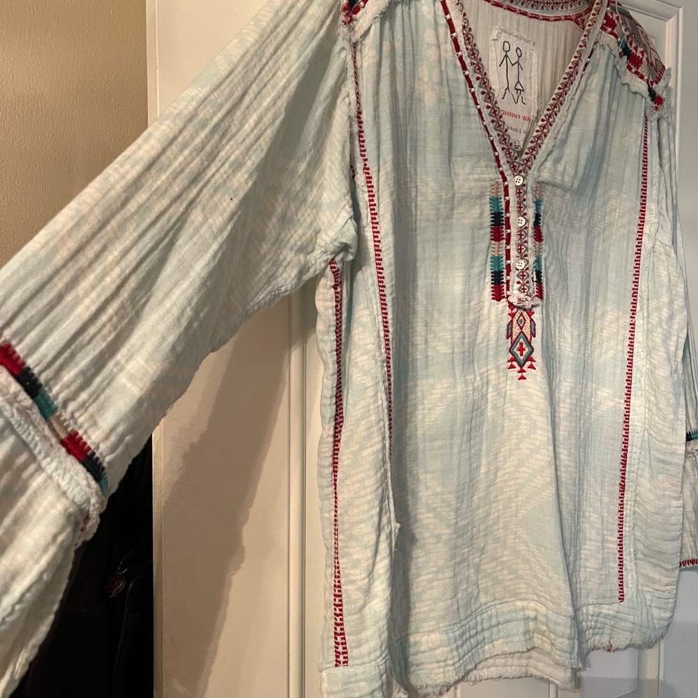 Embroidered Boho Blouse - Light Blue Pattern